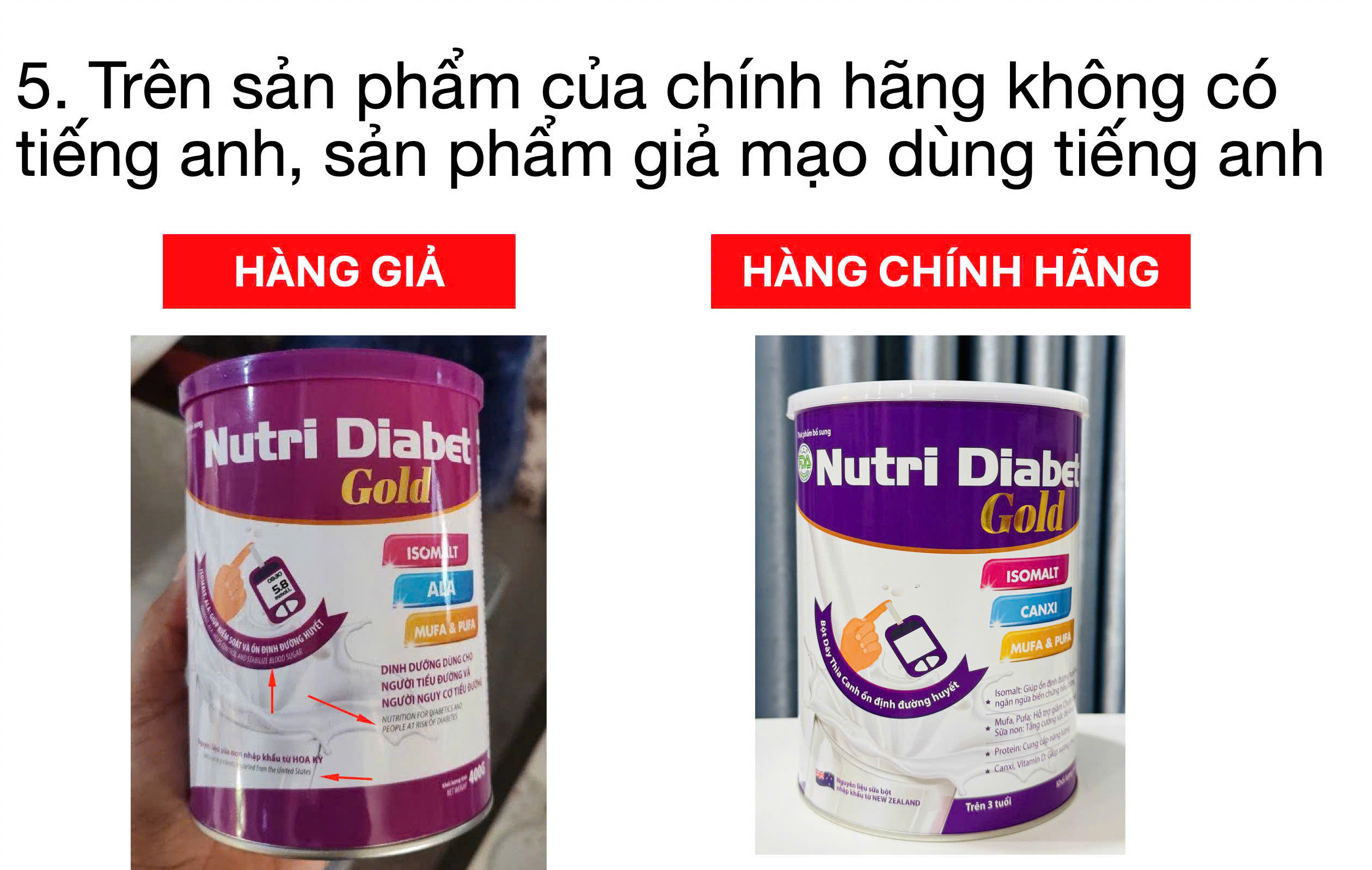 So sánh Nutri Diabet Gold chính hãng (nắp trắng) và hàng giả (nắp tím)